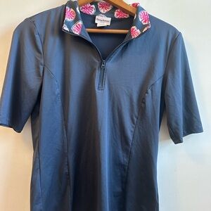 Tommy Bahama Women’s Golf Shirt, Navy With Pink Palm Print On The Collar, Small